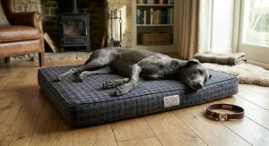 Supportive orthopaedic memory foam base inside a luxury Harris Tweed dog bed.