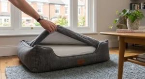 A clean, photorealistic side-profile view of the grey corduroy dog bed structure. This image shows a layered internal diagram that details the orthopaedic foam system: a 3" (7.5cm) blue memory foam layer for joint support sits atop a 4" (10cm) dark grey support foam base. The entire structure is encased in the internal waterproof liner, all set on the grey-blue knitted rug.