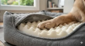 Dog resting on an orthopaedic microfibre bed for extra joint support.