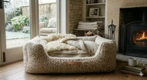 Side profile of an orthopaedic wool dog bed providing joint support for dogs.
