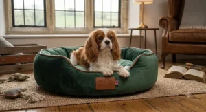 A dog sitting attentively inside a plush, luxury forest green velvet dog bed.