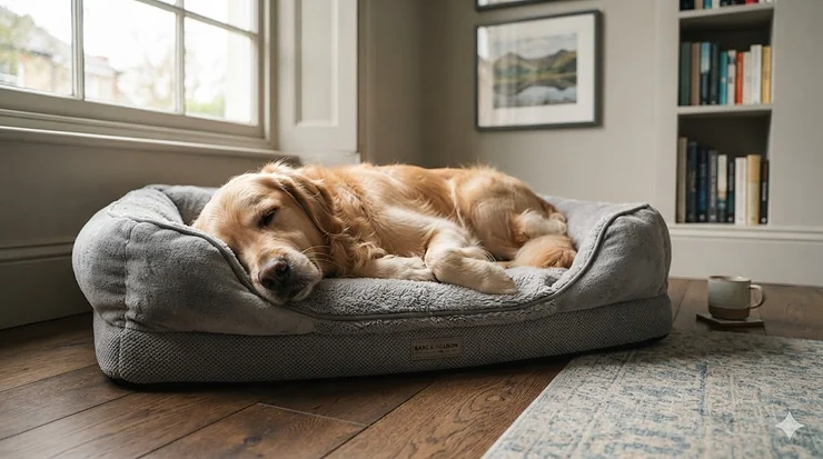 A plush, grey micro fleece dog bed with bolstered sides, designed for maximum comfort and warmth. micro fleece dog bed