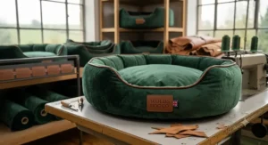 A premium velvet dog bed on a workshop bench, surrounded by high-quality leather materials.