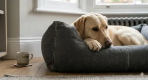 Detailed view of triple-stitched reinforced seams on a canvas dog bed for destructive chewers.