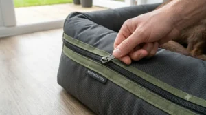 Close-up of a person gripping the reinforced double-stitched seams and robust handle on the side of the ballistic nylon dog bed.