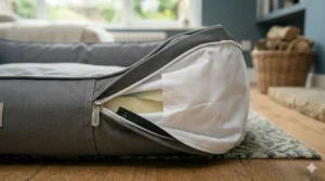 The removable, machine-washable cushion from the nylon dog bed.