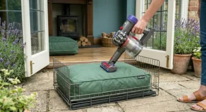 A rugged ripstop nylon dog bed positioned on a wooden patio, perfect for outdoor use.