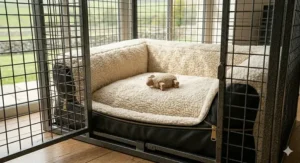 A compact sherpa fleece dog bed perfectly fitted inside a pet crate.
