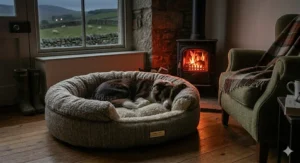 A stylish, heritage-inspired Shetland wool dog bed placed by a fireplace for ultimate winter comfort.