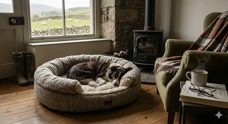 A luxurious, cream-coloured Shetland wool dog bed providing natural insulation for cold weather. shetland wool dog bed for cold weather