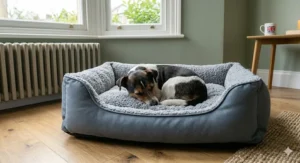 A small terrier curled up asleep on a soft, rectangular fleece dog bed.