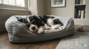 A small dog curled up inside a cosy, medium-sized micro fleece dog bed.