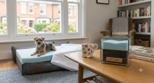 A photorealistic close-up photograph focuses on a small-sized charcoal grey corduroy dog bed, identical in style and fabric to the others. Inside, curled up in a tight, contented ball on the plush light-grey fleece lining, is a Border Terrier puppy. Its small head rests on the raised bolster, looking sleepy. Natural daylight from the left illuminates the scene.