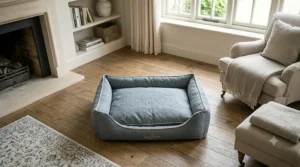 Overhead view of a neutral designer linen dog bed styled beautifully in a contemporary living room setting.