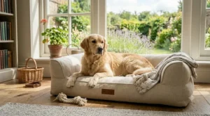 Neutral-toned breathable linen dog bed blending seamlessly into a contemporary British home interior.