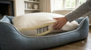 Plump, supportive inner cushion and premium piped stitching of a designer linen dog bed.