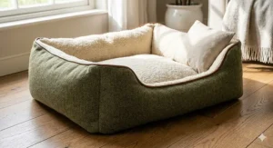 A full view of the luxury traditional tweed dog bed with orthopaedic support, showcasing its elegant and modern aesthetic.