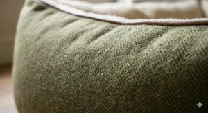 Close-up of the durable, high-quality fabric used in our traditional tweed dog bed, showing the classic herringbone pattern.