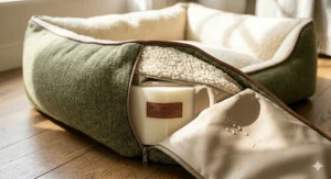Profile view of the traditional tweed dog bed demonstrating the firm, supportive orthopaedic padding for canine comfort.