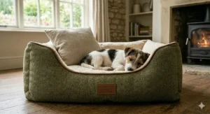A side detail shot showing the easy-access zip and label on the traditional tweed dog bed for convenient machine washing.