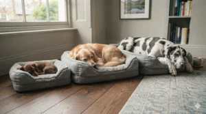 A range of micro fleece dog beds displayed in small, medium, and large sizes.