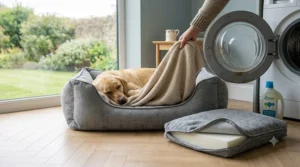 A person unzipping the machine-washable cover of a chenille dog bed for easy cleaning.