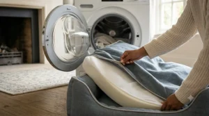 Demonstrating the easy-to-remove, machine-washable cover of a designer linen dog bed.
