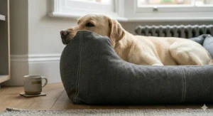 A partially removed, machine-washable canvas dog bed cover with a concealed, heavy-duty zip.