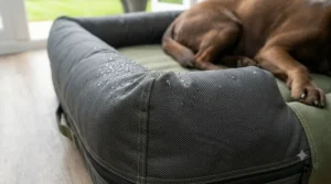 Close-up of water droplets beading on the durable and water-resistant ballistic nylon dog bed fabric.