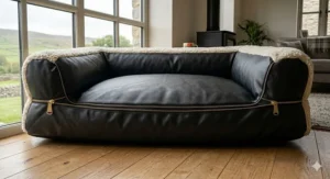 View of the durable waterproof base on a sherpa fleece dog bed.