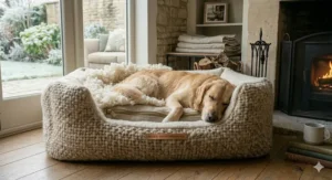 A size guide chart showing different dimensions for a wool dog bed for winter.