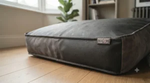 Underside of a faux suede dog bed featuring a non-slip, rubberised base for floor stability.
