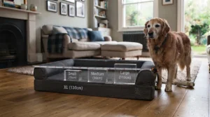 The anti-slip rubberised bottom of a step-free dog bed preventing movement on hardwood and tiled floors.