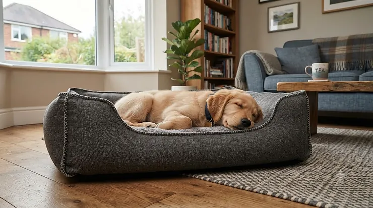 A durable, chew-resistant puppy bed in a stylish grey fabric, designed for small breeds. chew resistant puppy bed