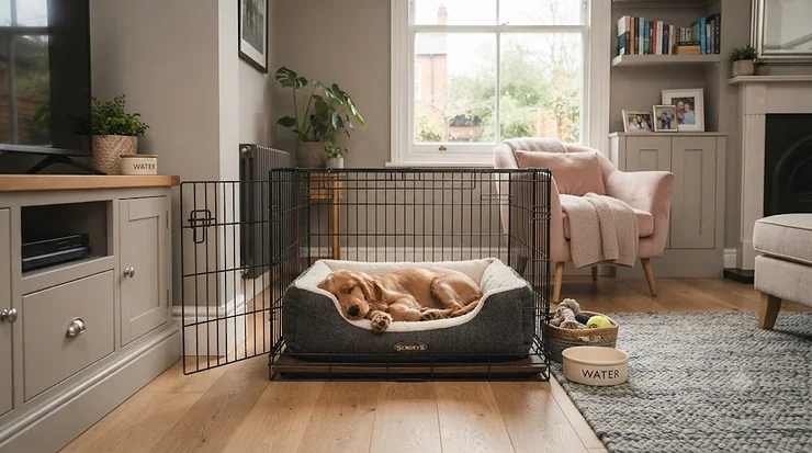 A cosy, machine-washable crate bed for a puppy placed inside a standard dog crate in a UK home. crate bed for puppy