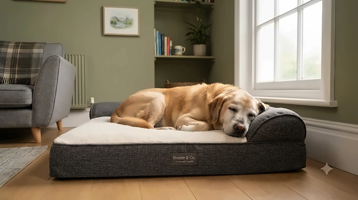 Labrador retriever resting comfortably on a premium British-made orthopaedic dog bed designed for canine arthritis support in a modern living room. orthopaedic dog bed for arthritis