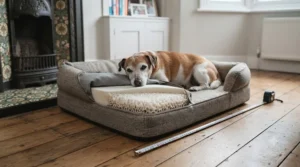 An elderly dog resting its head comfortably on the cushioned bolster edge of a supportive dog bed.