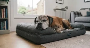 Senior Boxer resting its head on the supportive bolstered edge of a pressure-relief dog bed for large senior dogs.