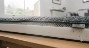 Close-up of cooling, breathable woven fabric on a pressure-relief dog bed for large senior dogs suited for all-season home use.