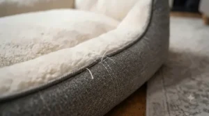 Close-up of high-strength reinforced stitching on a teething-proof puppy bed to prevent fraying and chewing.