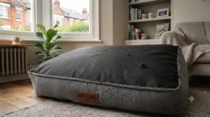 A robust, chew-resistant tough fabric dog bed designed to withstand energetic play.