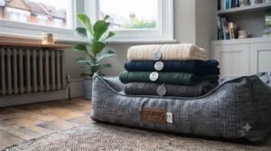 A selection of neutral-coloured tough fabric dog beds that blend seamlessly with modern British home interiors.