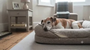 A cosy, supportive dog bed set up in a warm bedroom corner for an ageing pet's nighttime sleep.