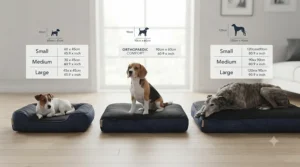 Sizing chart and guide for choosing the right easy-access bed for larger and medium UK dog breeds.