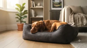 A happy terrier curled up sleeping comfortably in a soft, cushioned faux suede dog bed.