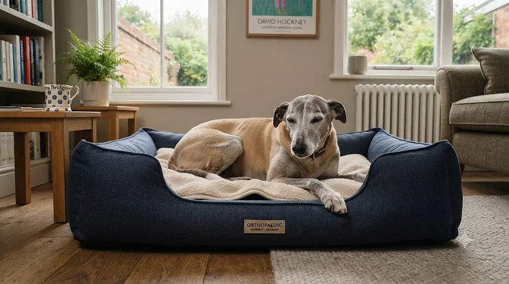 Senior dog stepping easily into a low-profile orthopaedic bed in a modern British living room. easy access dog bed for senior dogs