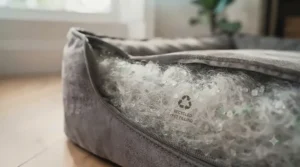 Diagram highlighting the high-density recycled fibre filling inside the luxury faux suede dog bed.