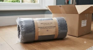 Rolled-up reinforced seam dog bed arriving in eco-friendly, recyclable delivery packaging ready for the UK market.
