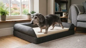 An older dog effortlessly stepping into a low-entry dog bed built for arthritic pets.