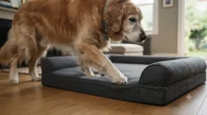 An elderly dog with arthritis easily stepping onto a low-entry step-free dog bed without straining its joints.